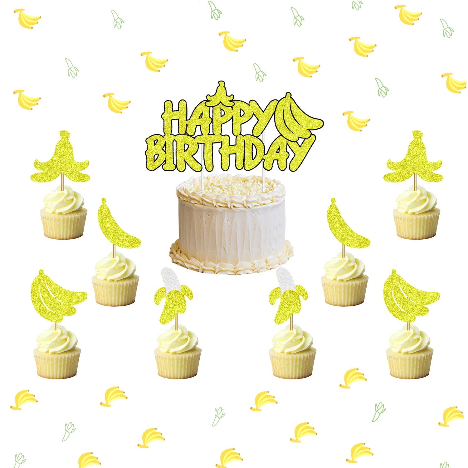 Bananas Theme Birthday Cake Decorations 8pcs Glitter Banana Cupcake bananas-theme-birthday-cake-decorations-8pcs-glitter-banana-cupcake
