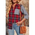 thumbnail image 1 of Women's Red Plaid Splicing Hit Color Pockets Turndown Collar Long Sleeve Shirt, 1 of 9