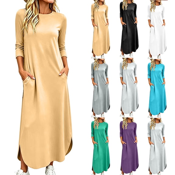 HBGVBA Casual Maxi Dresses for Women T Shirt Dress 3/4 Sleeve Crewneck Side Slit Pocket Loose Soft Stretchy Dress