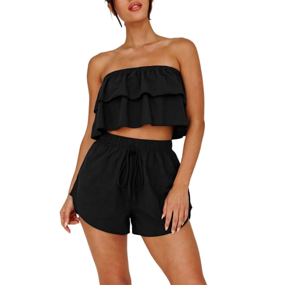Likimi Two Piece Sets For Women With Ruffles Sleeveless Strapless Solid Color Top With Elastic Waist Shorts Summer Fashion Casual Outfit Set Black Size L