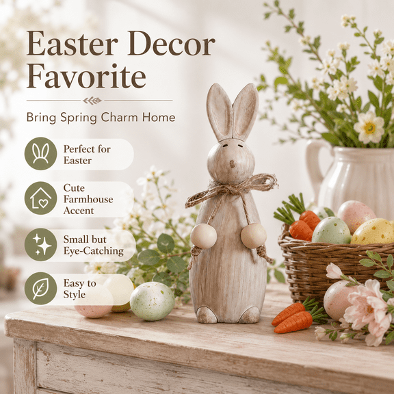Easter Vintage Rabbit Figurine with Wooden Beads - Distressed Style Design, Cute Bunny Decoration, Perfect Gift and Desktop Ornament for Easter Holiday, White, 1pc