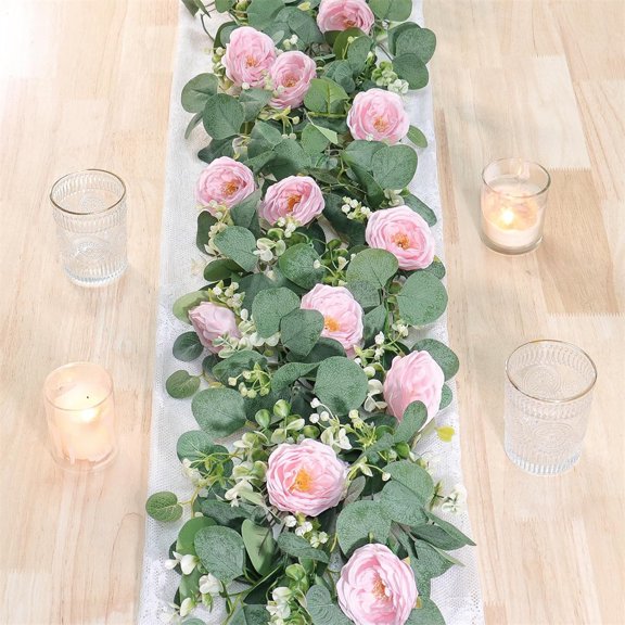 6Ft Eucalyptus Flower Garland,Artificial Eucalyptus Garland,Faux Rose Greenery Floral Vines,Fake Peony Hanging Vine,for Wedding Party Arch Table Arrangement Backdrop Wall Decor (2 Pcs,Pink)
