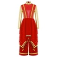 thumbnail image 4 of Doomiva Kids Girls Lyrical Praise Dance Outfit Long Sleeve Irregular Hem Worship Gold Trim Dress with Wide Leg Pants Red 16, 4 of 6