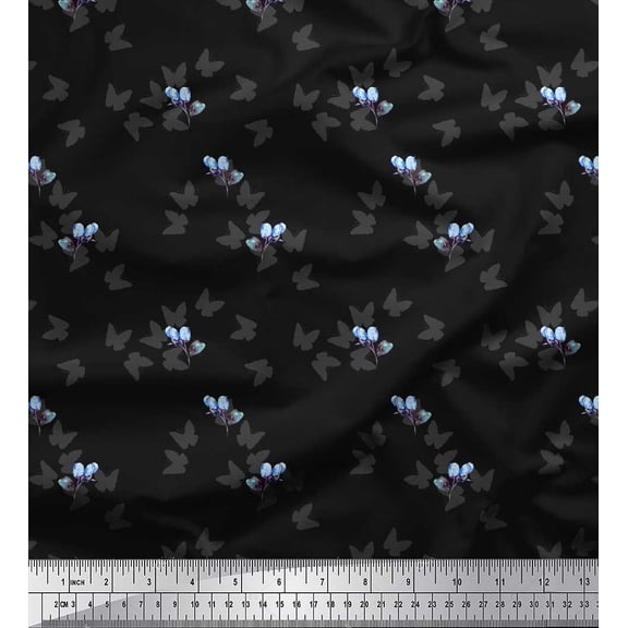 Soimoi Black Cotton Voile Fabric Berries & Butterfly Fabric Prints By Yard 42 Inch Wide