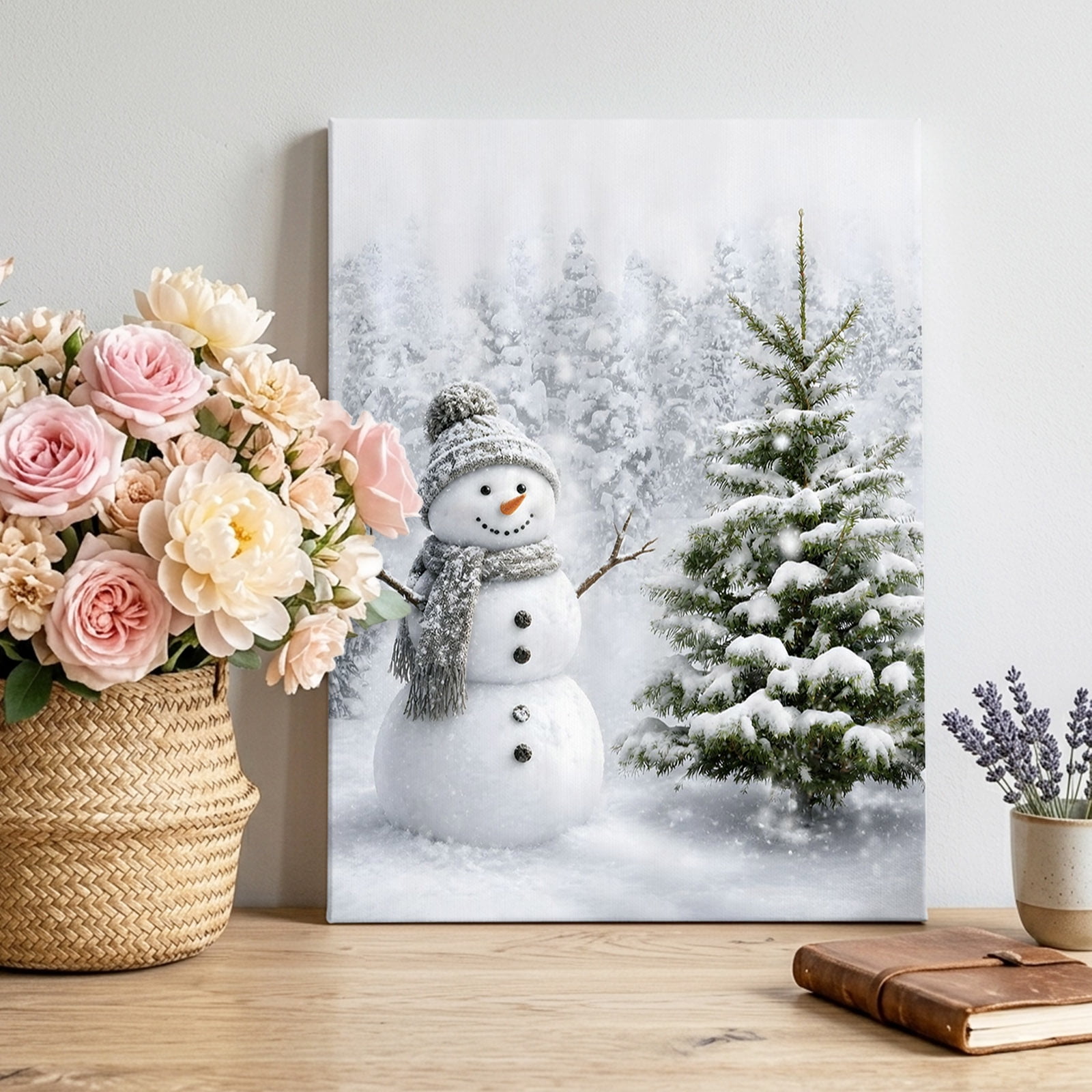 Canvas Wall Art Grey Christmas Snowman Framed Canvas Prints for Living Room Bedroom Winter Xmas Trees Snowy Scenery Large Gallery Wrapped Wall Decor for Home Office Gifts 16 x20 Ship Next Day