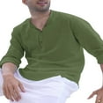thumbnail image 3 of CNKOO Men‘s Henley Shirt  Solid Color Long Sleeve Stand Collar Button-Down Loose Simple Linen Beach Tops, 3 of 6