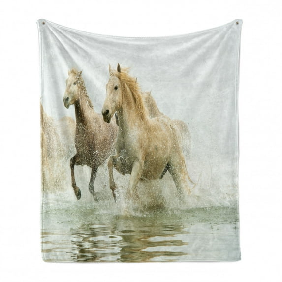 Horses Soft Flannel Fleece Throw Blanket, Camargue Horses in Water Oldest Breed Southern France Origin Photo, Cozy Plush for Indoor and Outdoor Use, 60" x 80", White Beige, by Ambesonne