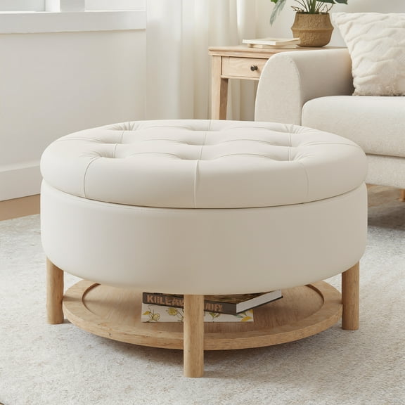 Vabches Round Storage Ottoman with Commodity Shelf and Reversible Tray, 31" Upholstered Velvet Tufted Footrest Coffee Table for Living Room, Bedroom, Entryway , Beige