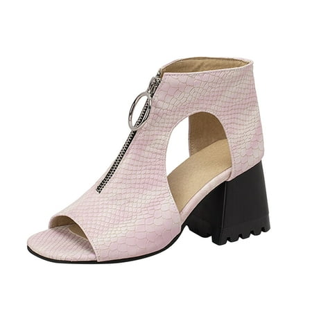 

LIANGP Women s Sandals Ladies Fashion Solid Color Leather Hollow Open Toe Thick High Heeled Front Zipper Roman Sandals Women s Shoes Pink Size 6.5