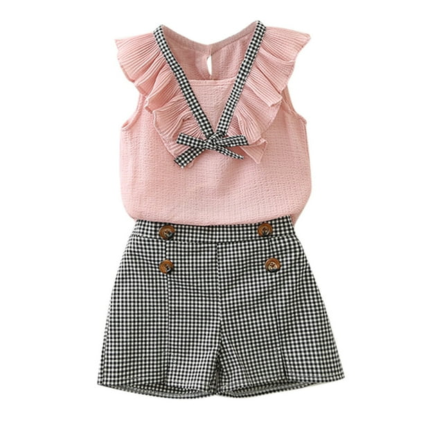 Ropa Para Bebés Y Niñas, Atuendo Para Niños Pequeños, Ropa Para Niños, Chaleco Con Lazo, Tops, Pantalones Cortos A Cuadros, Conjunto De Pantalones Rosa Odeerbi LM103-823