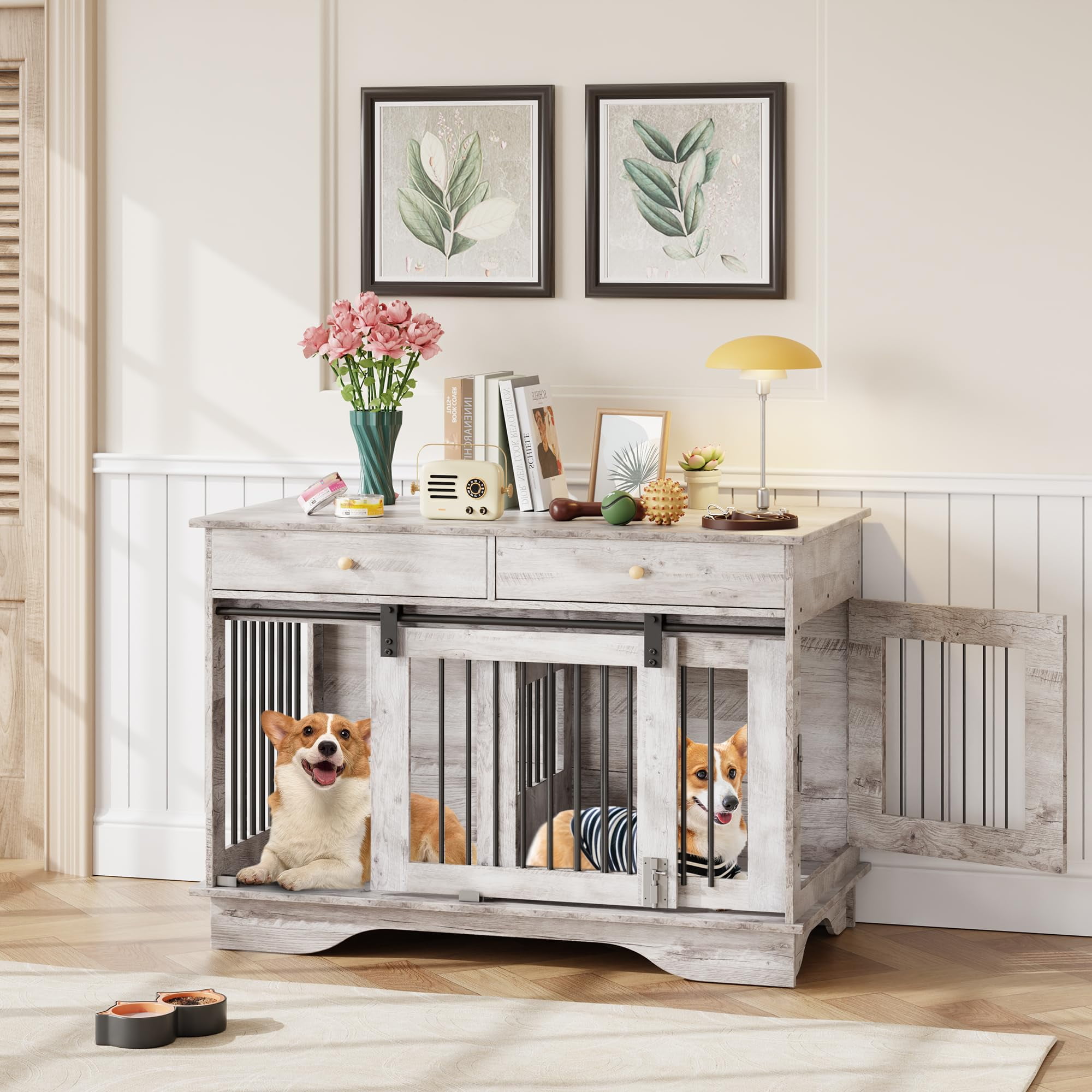 Litake Dog Furniture Crate, 47" Large Dog Crate Furniture w/ 2 Storage Draws & Removable Divider for Large/Medium/Small Dogs, Grey