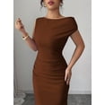 thumbnail image 5 of Coffee Off-The-Shoulder Waist-Cinched Bodycon Maxi Dress For Women, 5 of 6