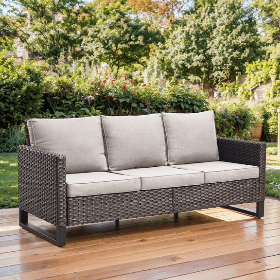 Gymojoy Patio Sofa, All Weather Outdoor Rattan Wicker 3-Seat Sofa High Back Couch with Premium Cushions for Garden Backyard Porch