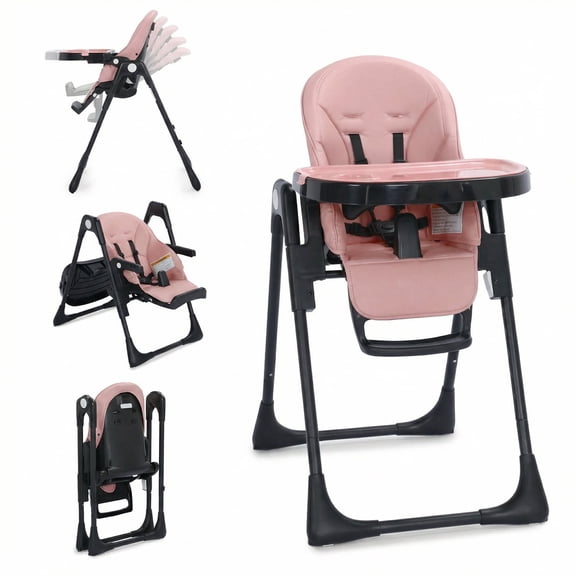 LINLUX Foldable Infant High Chair with Removable Double Trays, Portable Eating Chair, Pink