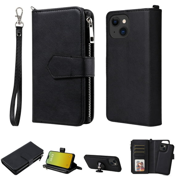 Allytech Detachable Wallet Case for Apple iPhone 15, Vintage PU Leather Folio Flip Wallet Case Multiple Cards Slots Kickstand Shockproof Protective Phone Case for iPhone 15 - Black