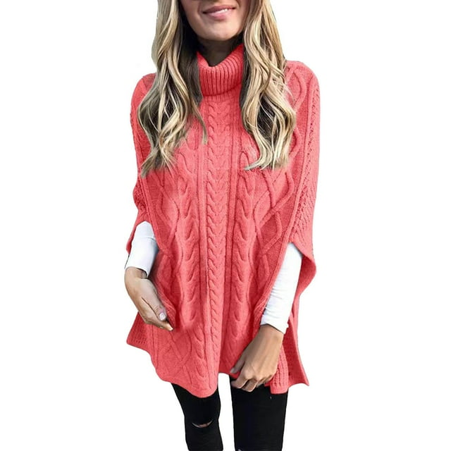 Duoif Chandails pour Femmes Mode Tendance Col Roulé Couleur Unie Chandail Ample Chandail Châle Chandails pour Femmes Hauts Rouge Melon D\'eau TTTG