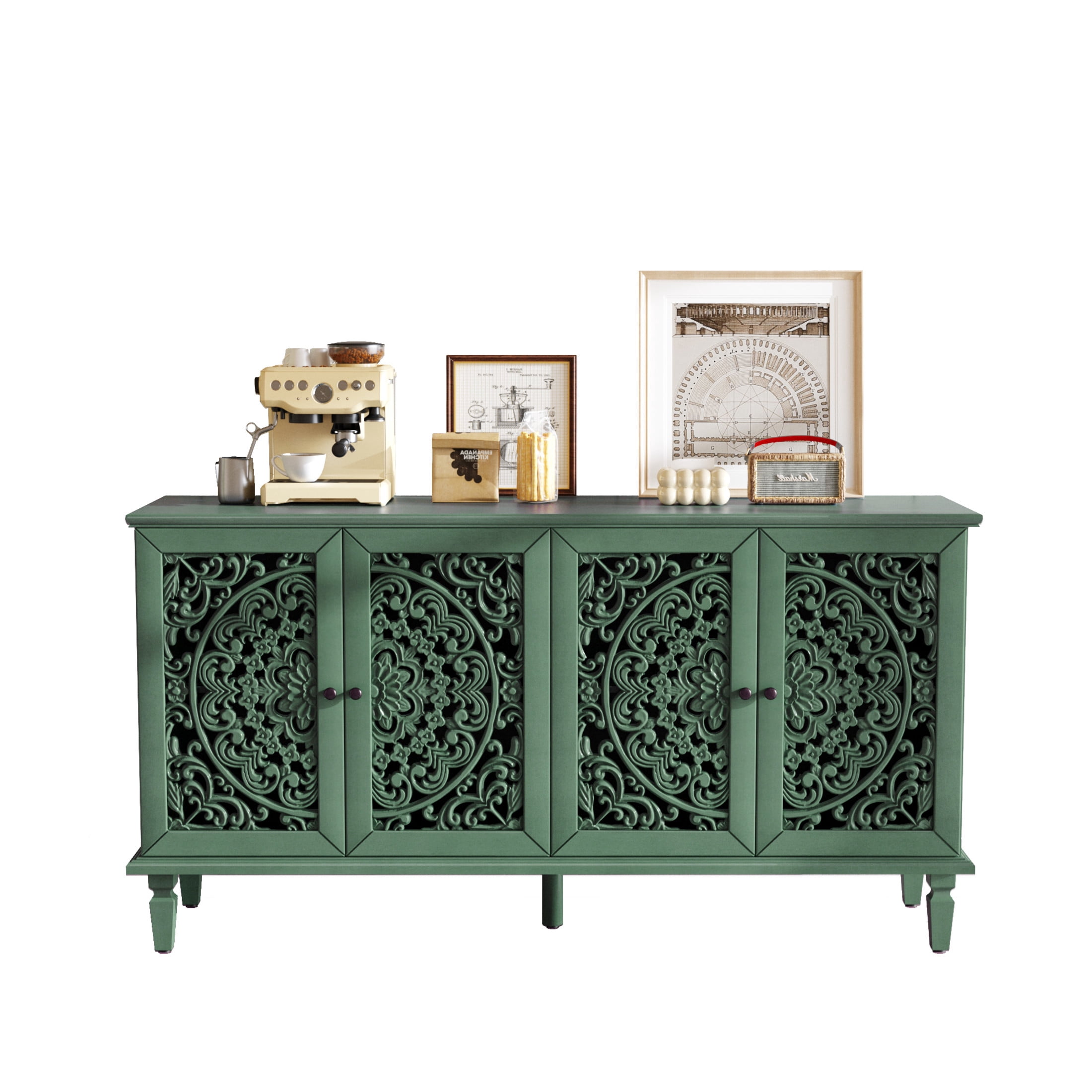 Noble House Sideboard Buffet Cabinet with Floral Carvings, Adjustable Shelves, Solid Wood Legs, and Brass Handles, Vintage Style Storage, Antique Green
