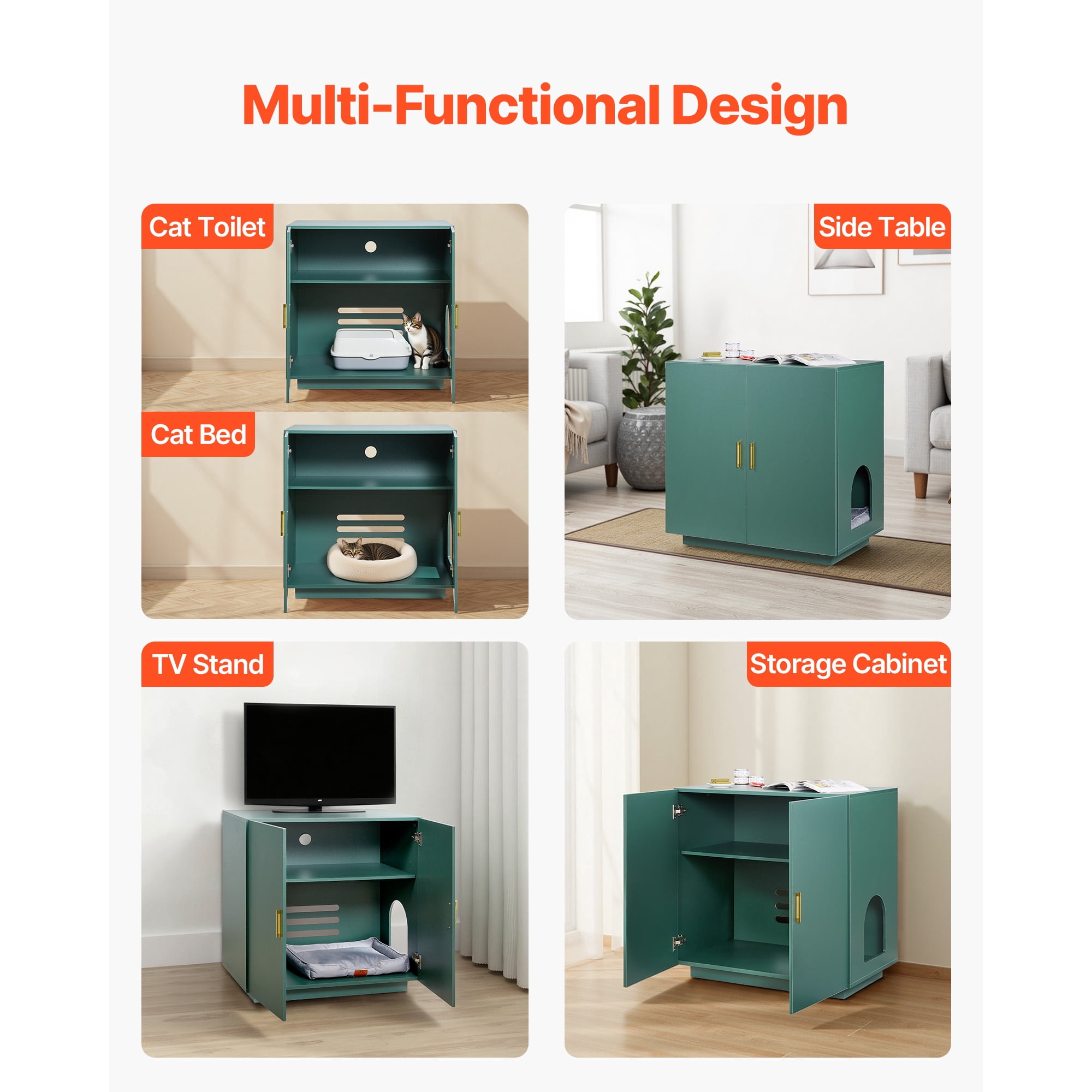 KFFKFF Wooden Cat Litter Box Cabinet, 31.5 in Hidden Enclosure with Ventilation Holes, Double-Door Indoor Cat Washroom, Multifunctional Pet Furniture and Side Table Compatible with Most Litter Boxes