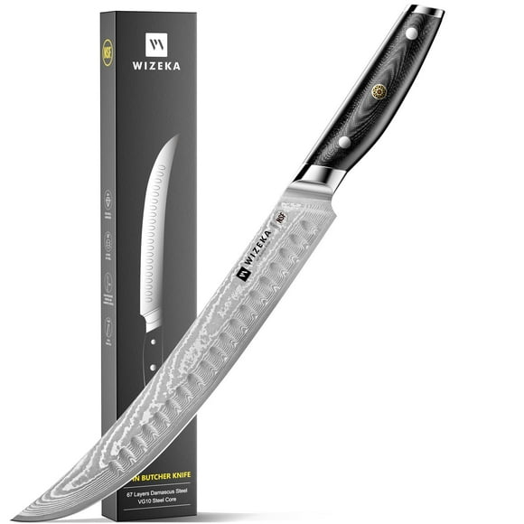 WIZEKA 10Inch Carving Knife, VG10 Damascus Breaking Butcher Knife, Curved Scimitar Brisket Knife for Meating Cutting, Razor Sharp Slicing Knife with G10 Handle Gift Box