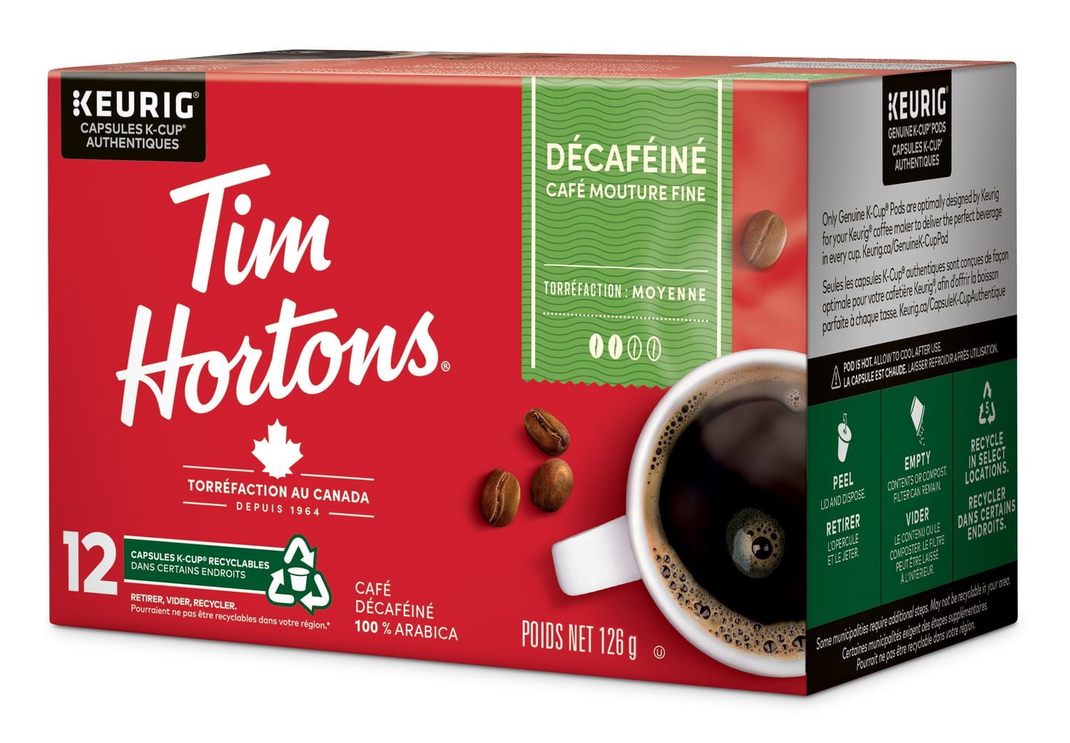 Tim Hortons Medium Roast Decaffeinated Coffee, Keurig K-Cup 12ct Pod