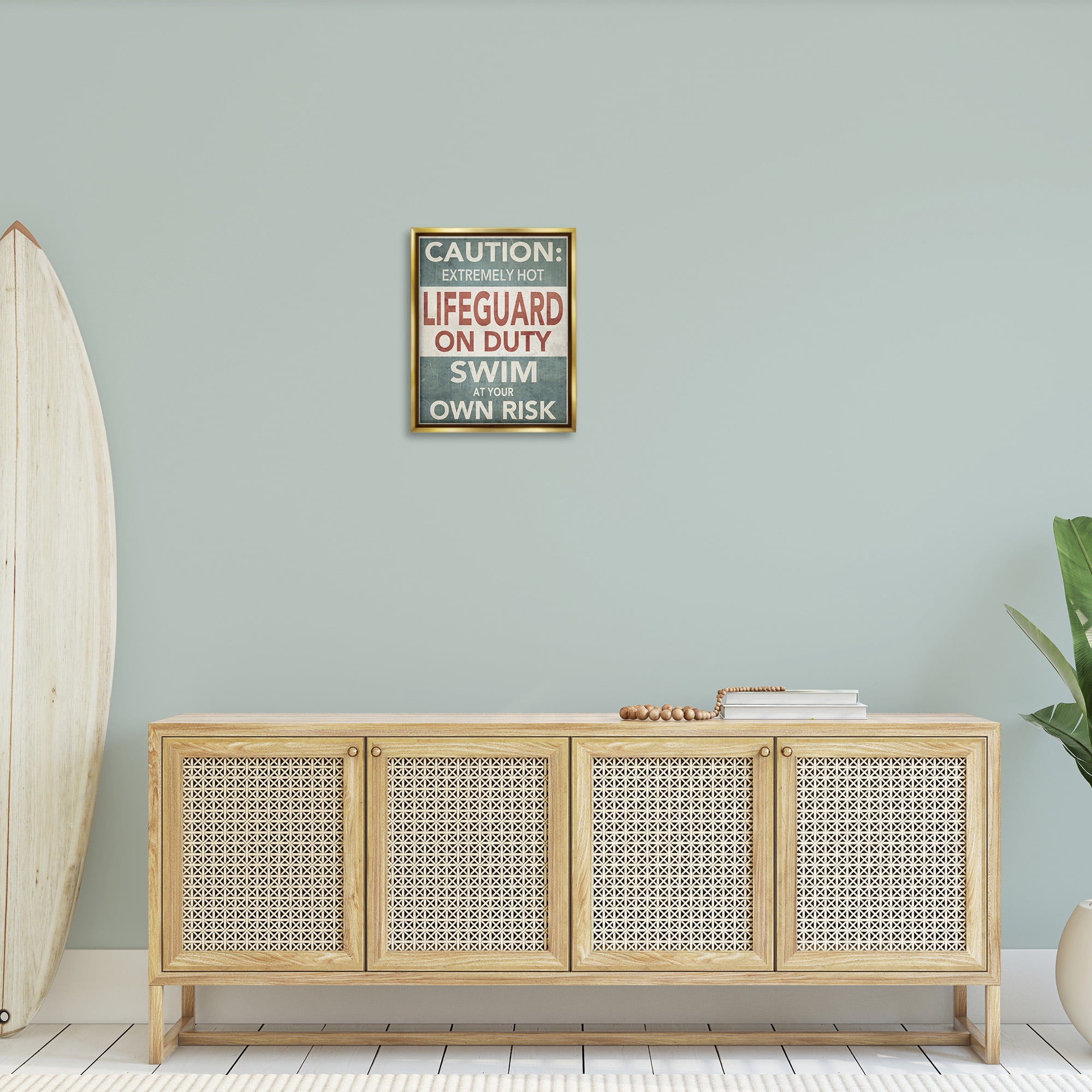 Stupell Industries Funny Swim at Own Risk Typography Painting Gold Floater Framed Canvas Art Print Wall Art, 17 x 21