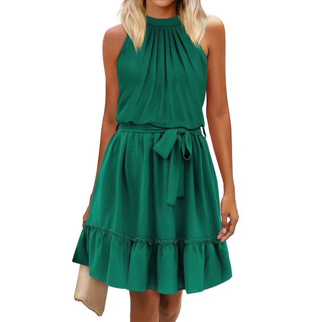 LYMAYTER Robe Mini d'Été à Col Licou Couleur Unie Sans Manches Ourlet à Volants Superposés Robes Courtes P-2TG