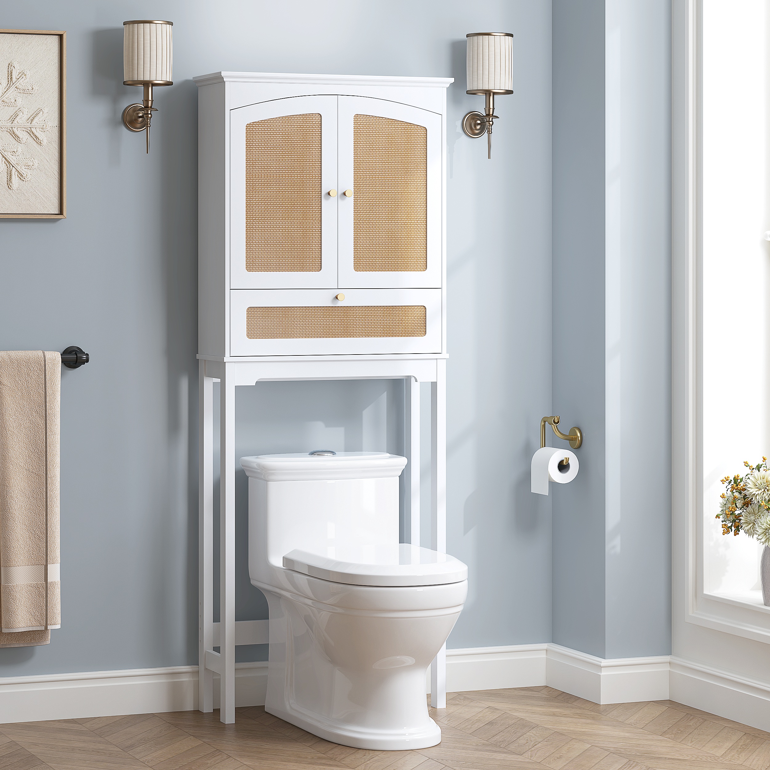 STAROUS Rattan Over Toilet Cabinet:  Bathroom Storage with Tilt-Out Cube & Adjustable Shelf