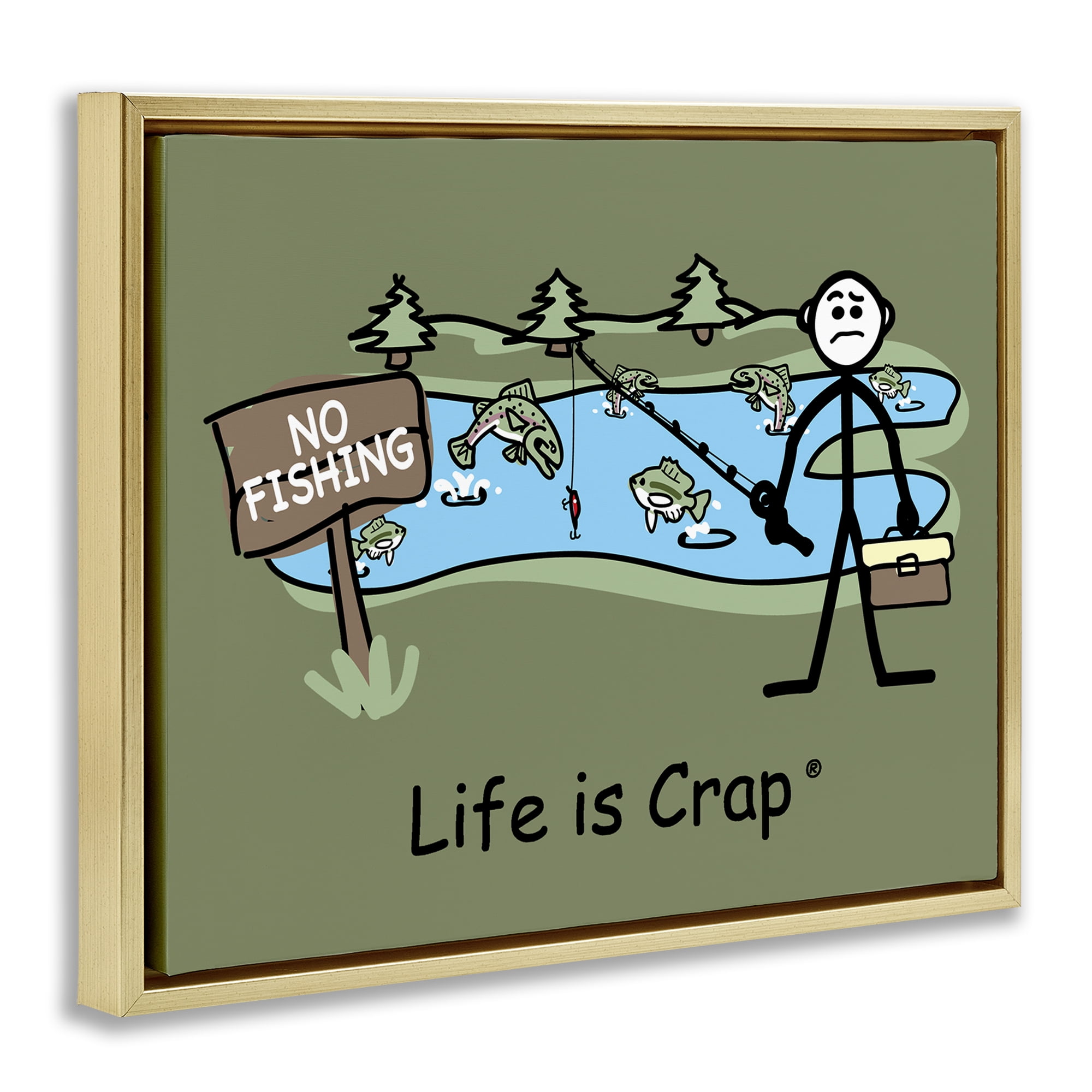 Stupell Industries No Fishing at Pond Novelty & Humor Painting Gold Floater Framed Canvas Art Print Wall Art, 31 x 25