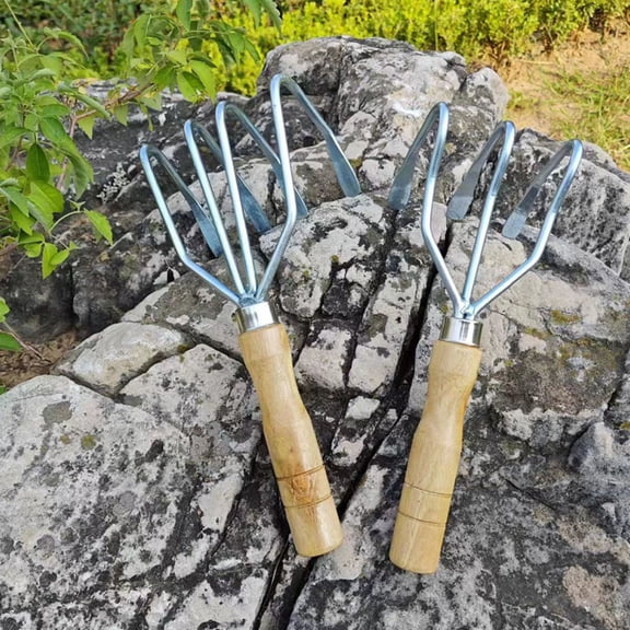 Greenadscape 2-Pack Small Three-Pronged Wooden Garden Rake for Clamming and Outdoor Gardening Tools