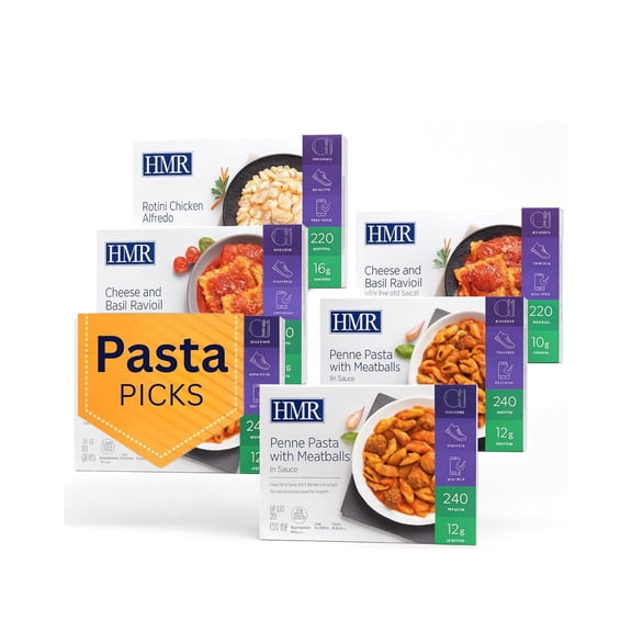 HMR Pasta Picks Entrée Pack, Pre-Packaged Lunch or Dinner to Support Weight Loss, Pack of 6 Ready to Eat Meals, 10-16 grams of Protein per Entrée, Low Calorie Food, 7-8 oz Servings per Meal