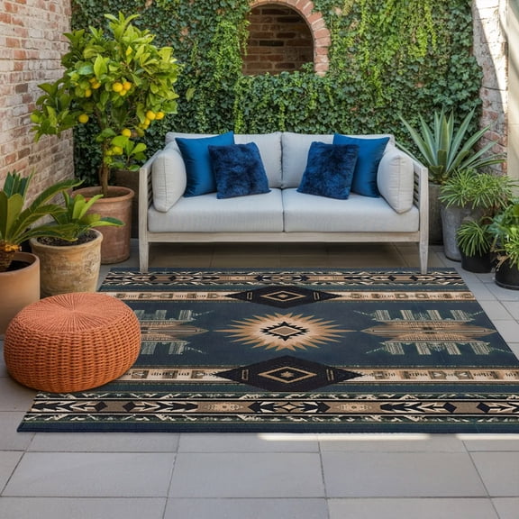 Southwestern Style Indoor Outdoor Rugs 4x6 Ft, Tan Blue Stripes Arrowhead Geometric Outdoor Patio Rugs Mat Washable Outside Area Rugs Carpet for Porch Deck RV Camping Pool Balcony Backyard