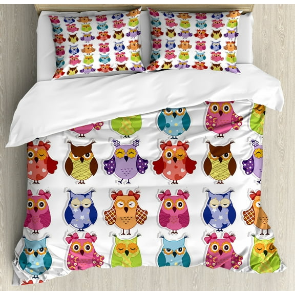 Nursery King Size Duvet Cover Set, Set of Cartoon Owls with Various Emotions Sleepy Smiling Confused Sad Gestures, Decorative 3 Piece Bedding Set with 2 Pillow Shams, Multicolor, by Ambesonne