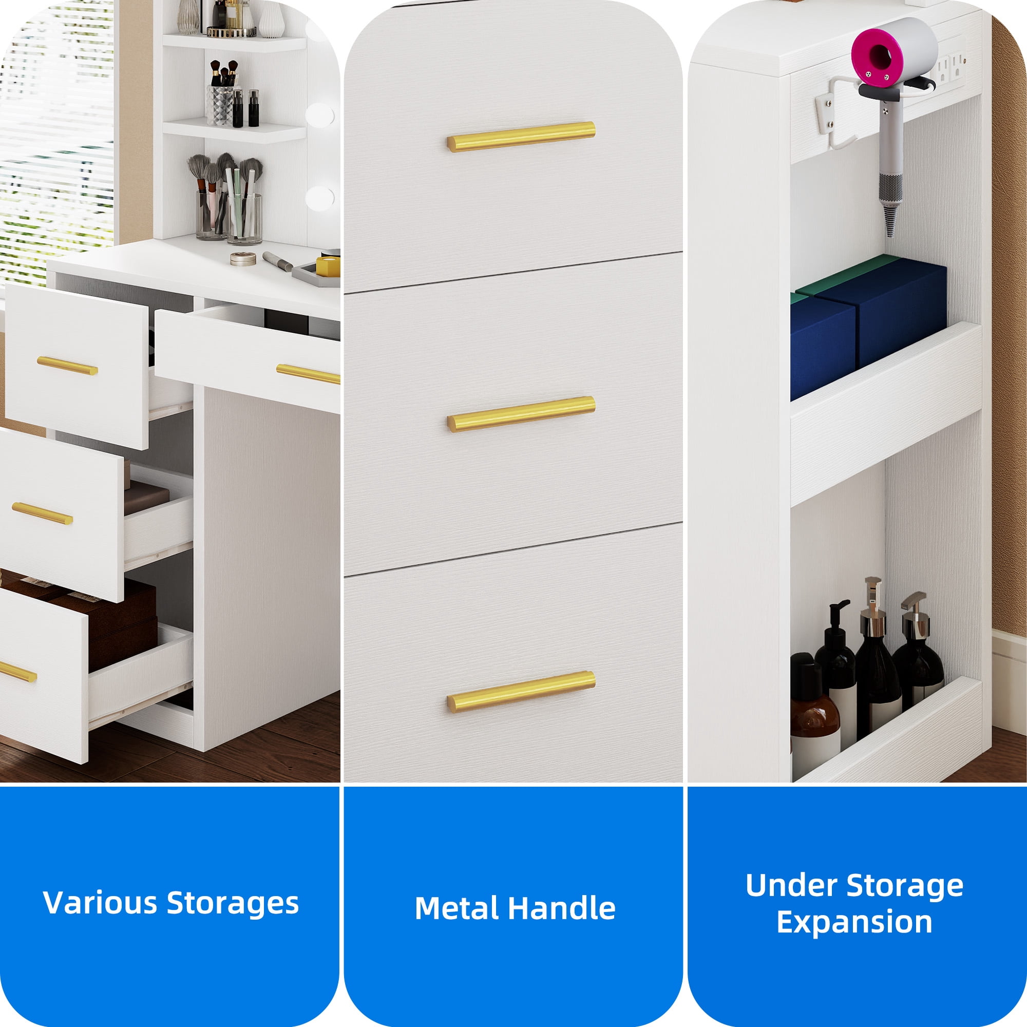 DEXTRUS 4 Drawers Vanity Table with Mirror, Power Outlet & 8 Shelves for Bedroom, White