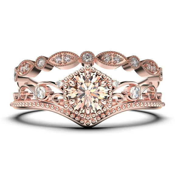 Antique Art Deco 2.00 Carat Round Cut Crown Morganite And Diamond Moissanite Engagement Ring, Wedding Ring, One Matching Band in 925 Sterling Silver With 18k Rose Gold Plating, Promise Ring