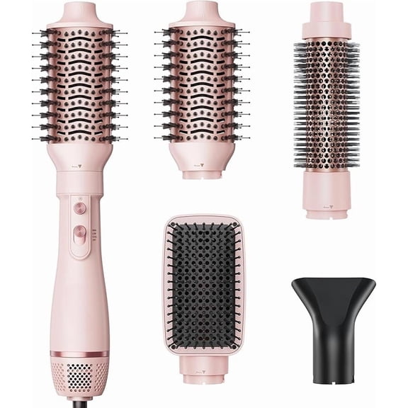Blow Dryer Brush Set, Air Sculpt 5-in-1 Hot Air Brush Set, Multi Hair Styler for Salon Blowouts, Smooth Curls, Volumizing and Straightening, Sleek and Less Frizz, Pink