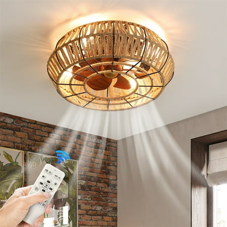 

BUIORD 20 Bladeless Ceiling Fan with Light and Remote APP Rattan Caged Smart Ceiling Fan Flush Mount Low-profile Ceiling Fans Light Enclosed Industrial Ceiling Fan 6 Speed Reversible w/ 4 bulbs