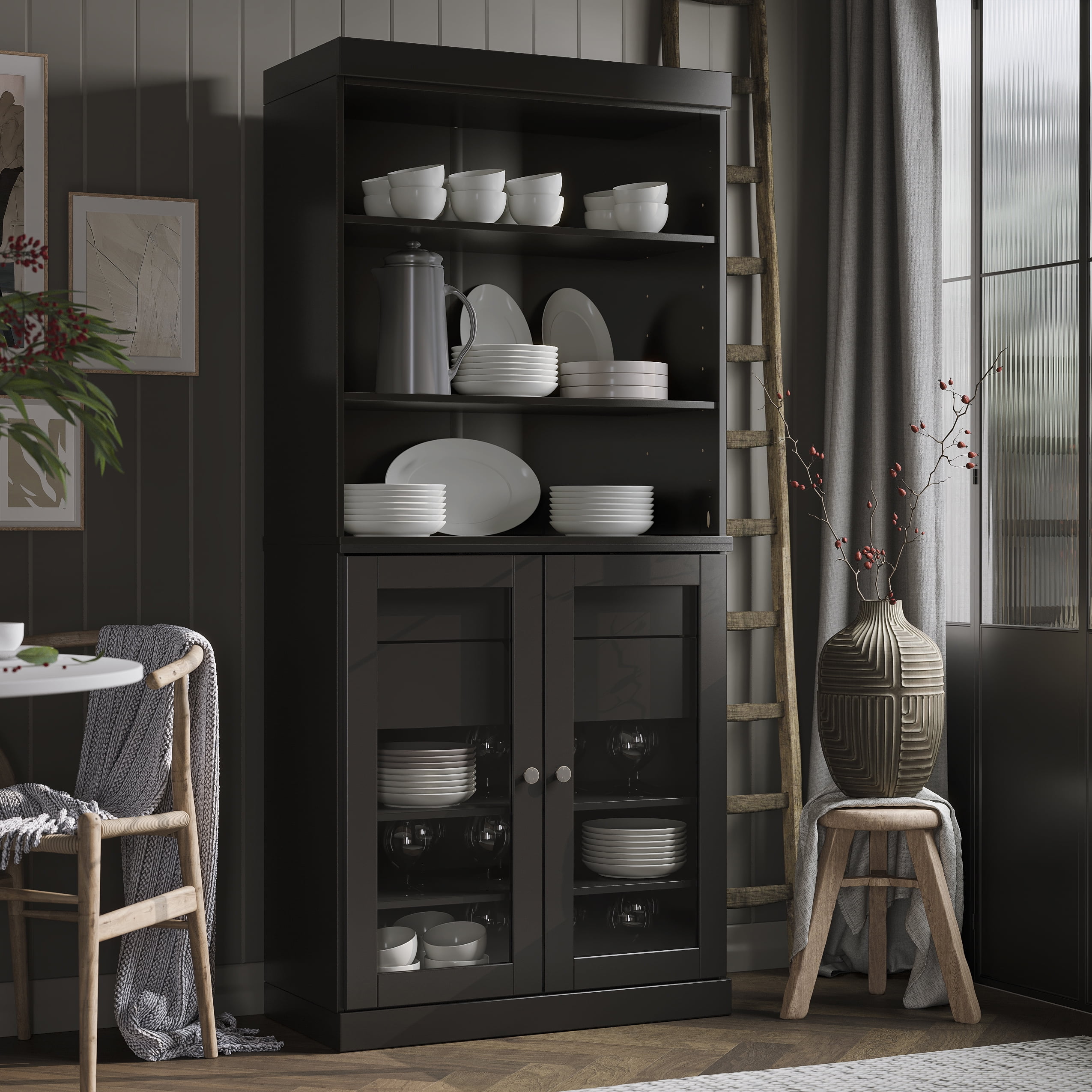 Palace Imports 100% Solid Wood 32" Kitchen Pantry Storage Cabinet with Glass Doors, Adjustable Shelves and 2-Drawers, Black