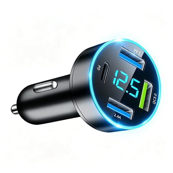 4 Ports Fast Car Charger Adapter, [Upgrade Voltmeter Display] PD QC3.0 USB C Car Charger for 12-24V Cigarette Lighter Plug, Car Phone Charger Compatible with iPhone/Android/Samsung/iPad, Black