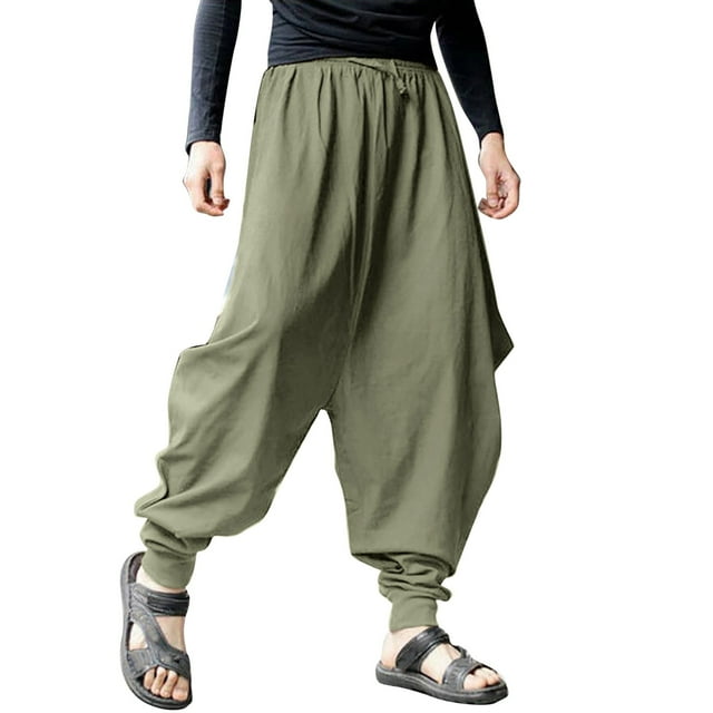 WEAIXIMIUNG Men's Overalls Denim Green Mens Summer Retro Solid Color Loose Large Size Linen Harem Pants