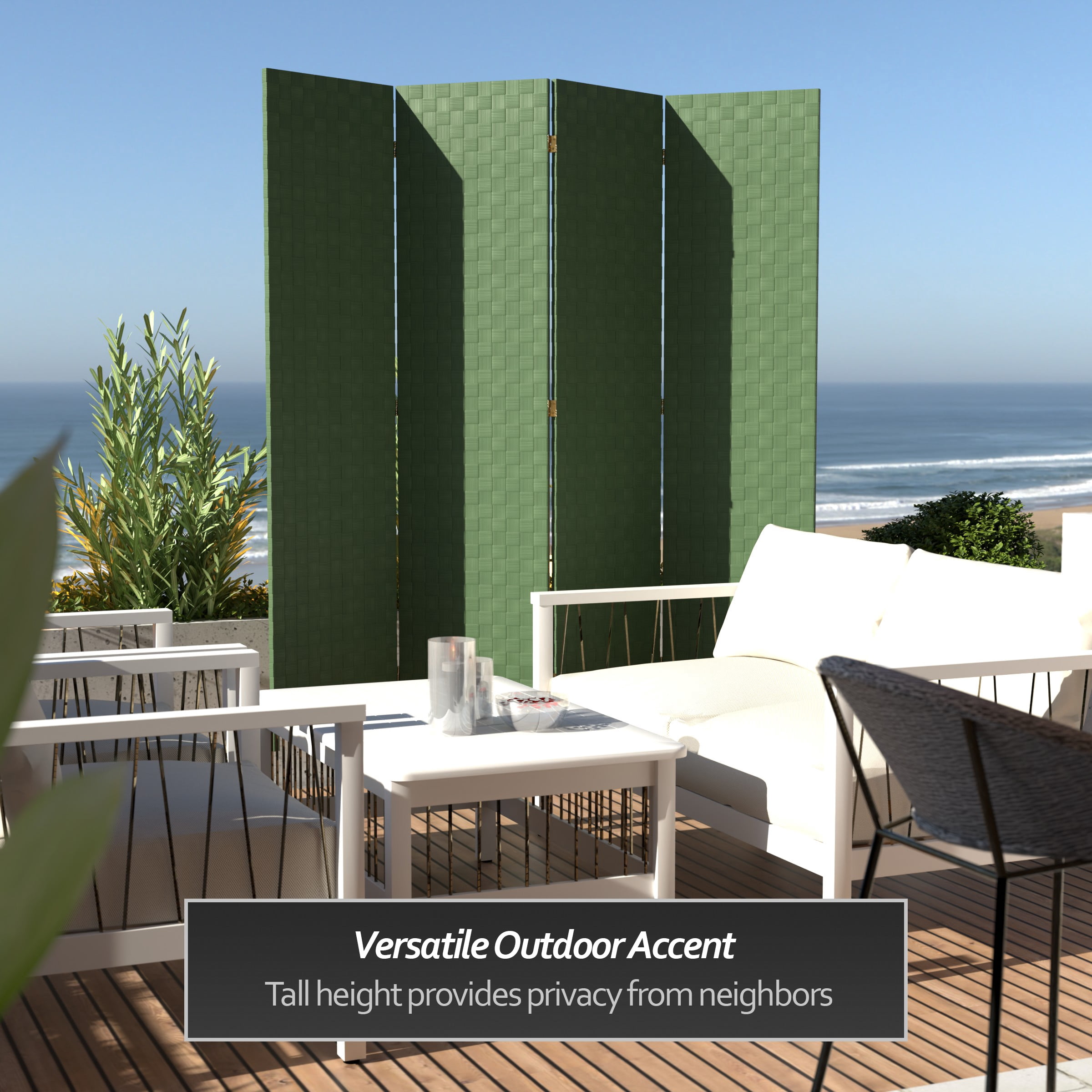 Red Lantern 6 ft. Tall Woven Fiber Outdoor All Weather Room Divider - 4 Panel - Green