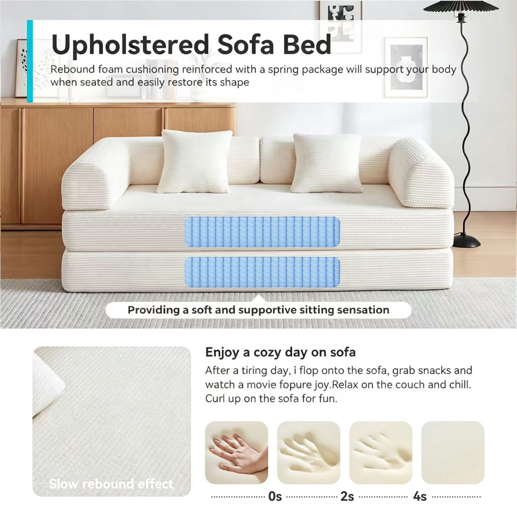 Aukfa 79" Convertible Futon Sofa Bed with Fixed Frame, 5-in-1 Boneless Couch for Living Room, Corduroy, White
