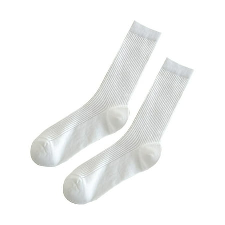 

Womens Thin Vertical Striped Cotton Mid Tube Socks Stockings White One Size