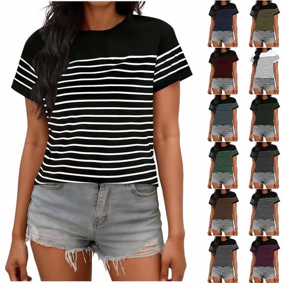 Hilenly Women's Short Sleeve Striped Shirt Summer Crewneck T Shirts Basic Tees Tops