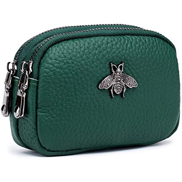 Monedero de piel para mujer, monedero pequeño con 2 cremalleras (verde oscuro) TUNC Sencillez