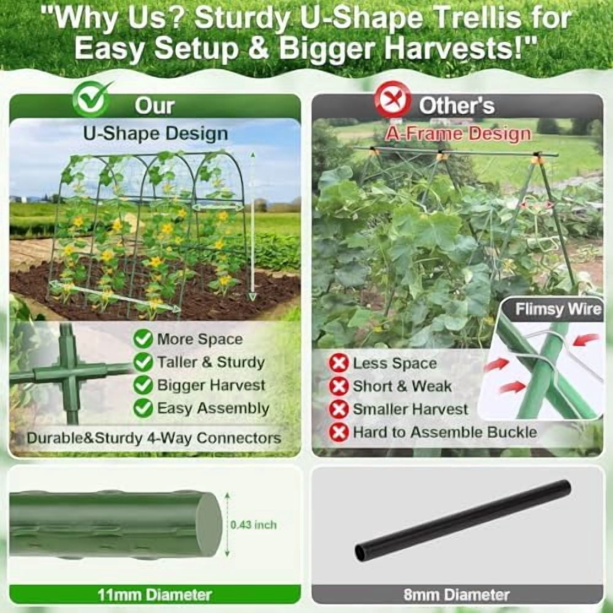 Cucumber Trellis for Raised Bed Garden, U-Shape Arch Trellis for Climbing Plants Outdoor, Metal Vegetables Trellis with Netting, Garden Trellis for Cucumber Plants Sweet Pea Bean Grape