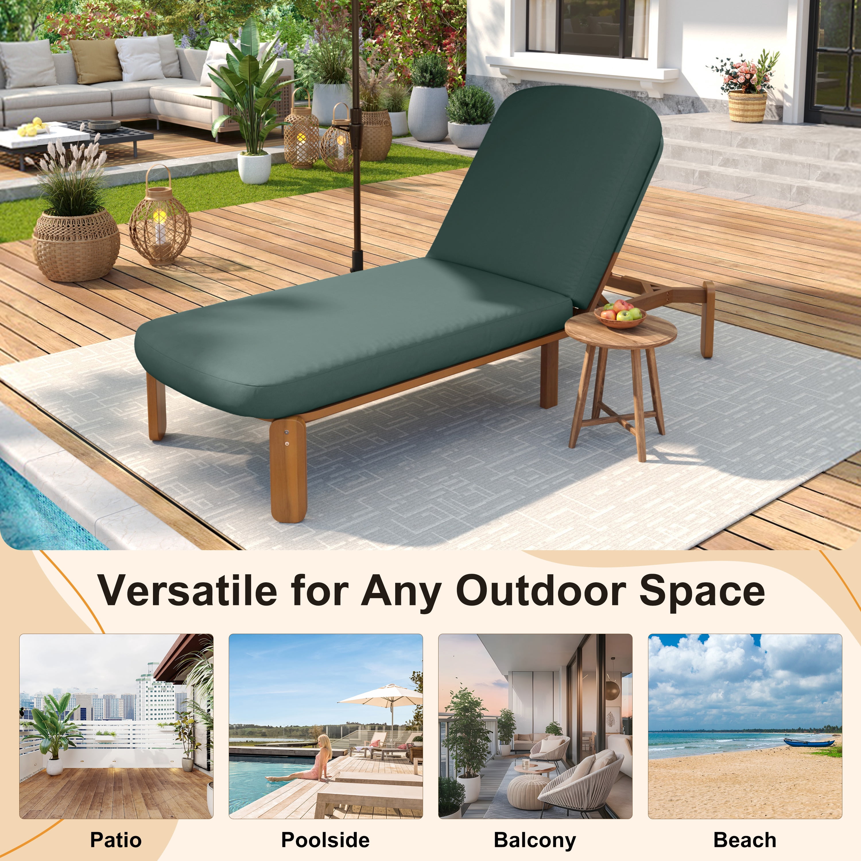 Adjustable Backrest Chaise Lounge, Outdoor Patio Recliner for Poolside, Green
