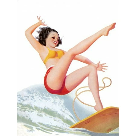 Pin Up Art Brunette Falling Off A Surf Board Stretched Canvas -  (18 x