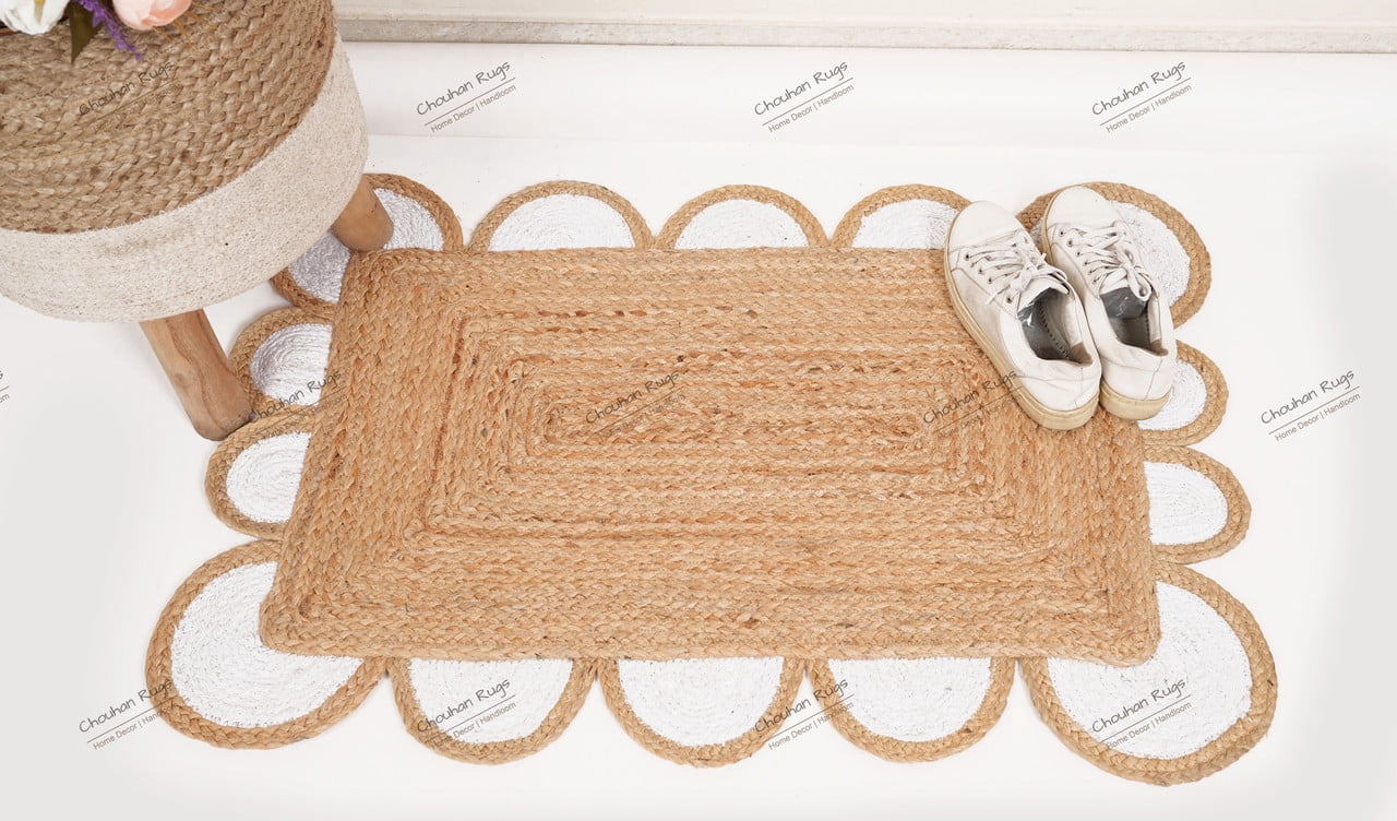 Natural Jute Rug Hand Braided Beige and White Color Scalloped Area Rug Rectangle Rug