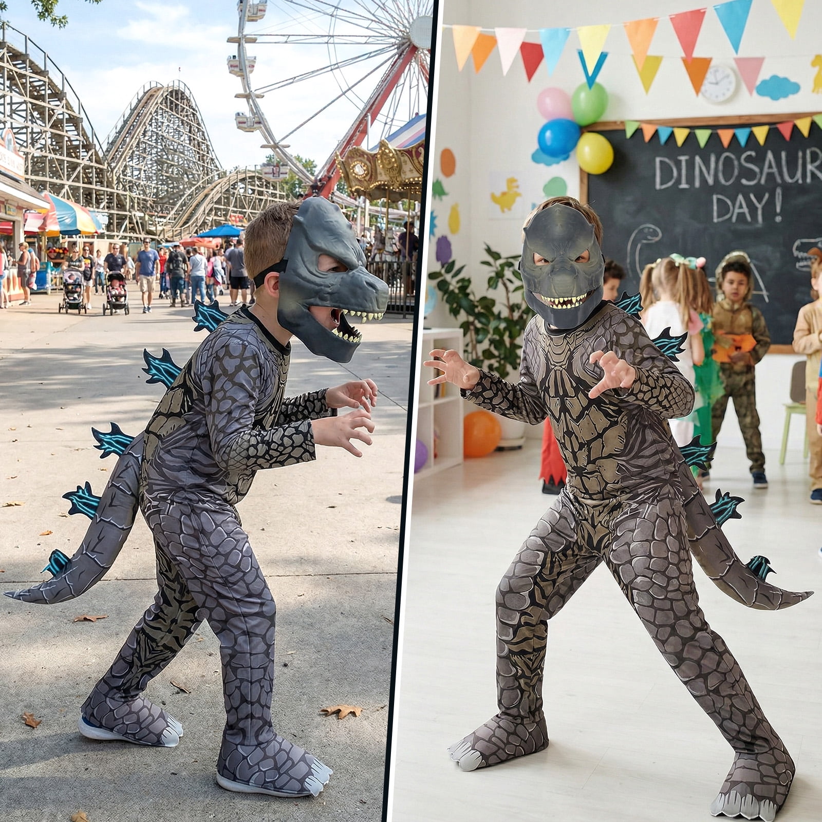 Pigmiss Kids Dinosaur Costume, Full Body Raptor Dino Suit with Mask and Tail, Halloween Cosplay Outfit for Boys Girls Party Dress Up