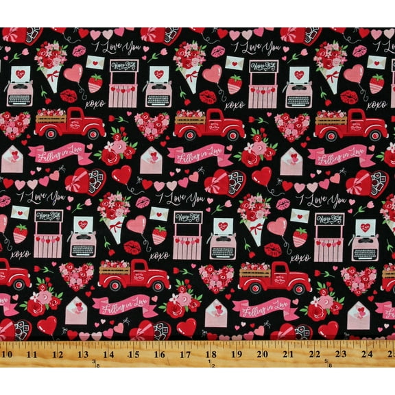 Cotton Valentine's Day Love Notes Balloons Hearts Pink Trucks Flowers Kissing Booth Falling in Love Black Cotton Fabric Print by the Yard (C11280-BLACK)
